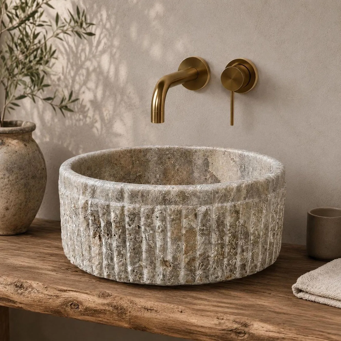Silver travertine, grey-taupe with linear veining